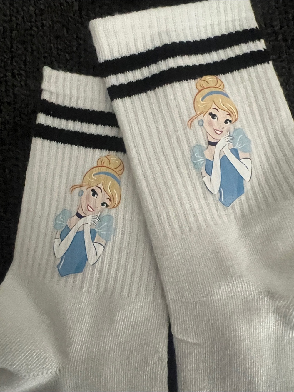 Disney White Crew Socks with Black Stripes and Cinderella Print